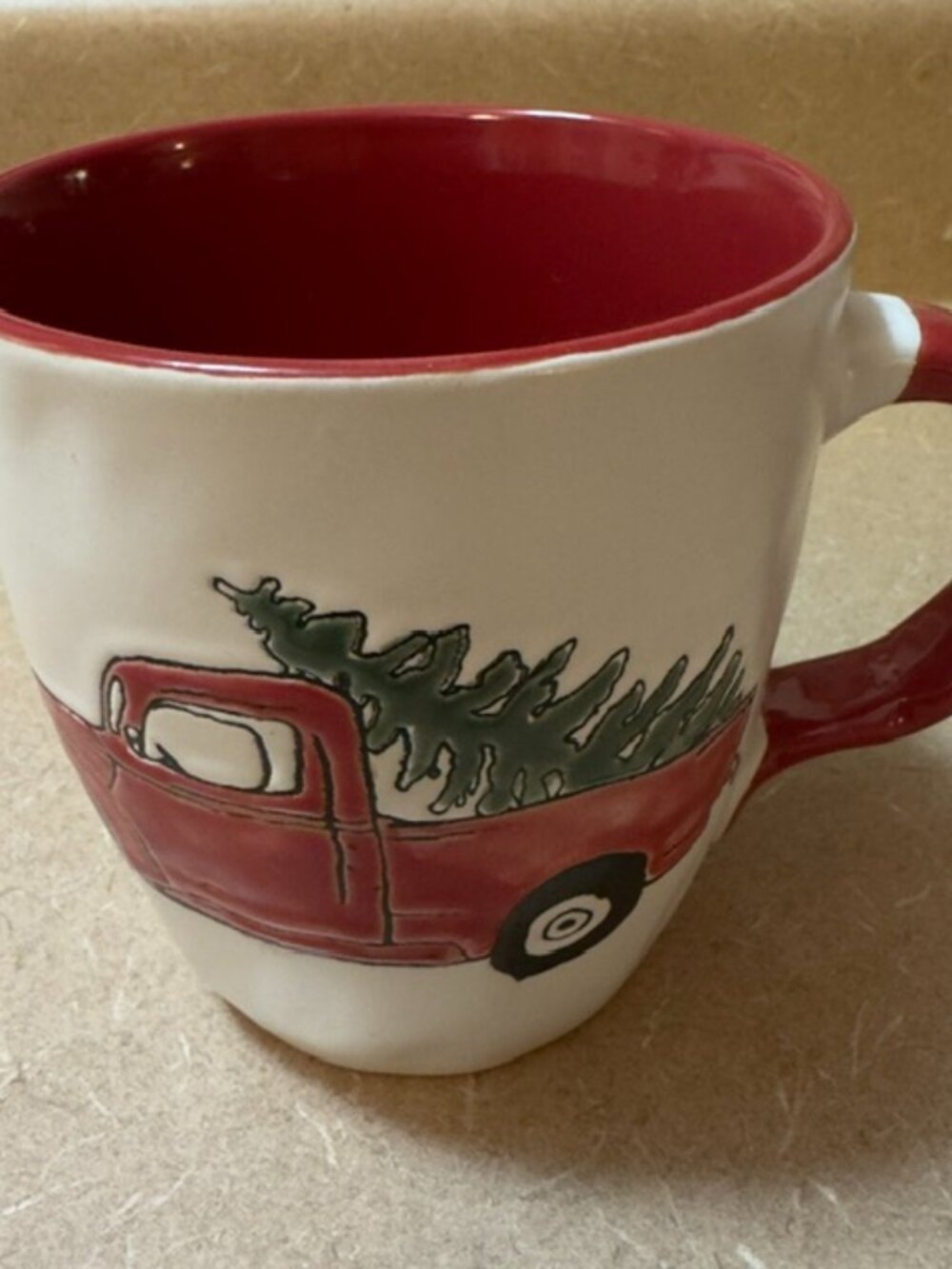 Two (2) ceramic Christmas mugs with red truck & Christmas tree